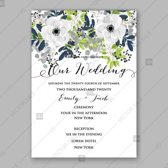 Wedding - Anemone Wedding invitation card in light gray and navу leaves