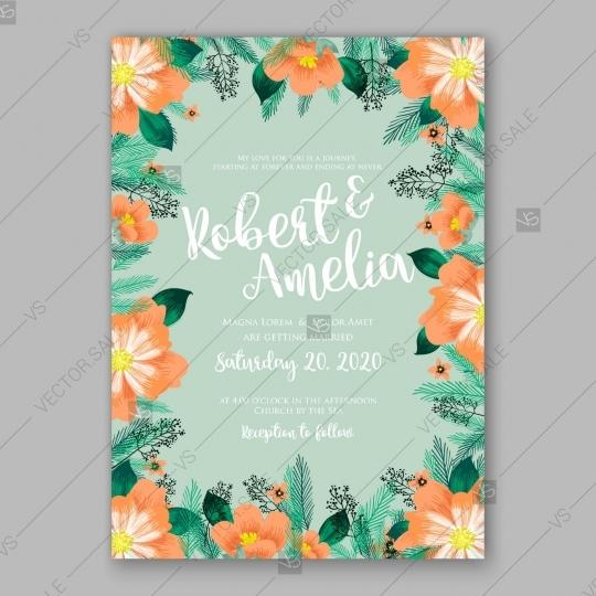 Hochzeit - Orange Peony wedding invitation fir branch sakura anemone vector floral template design vector file