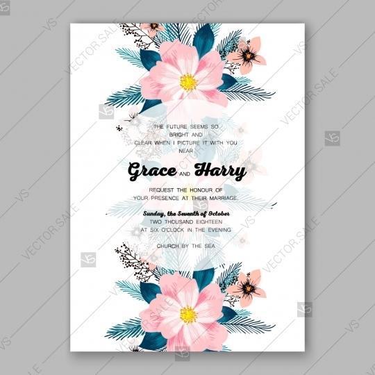 Hochzeit - Pink Peony wedding invitation fir branch sakura anemone vector floral template design autumn