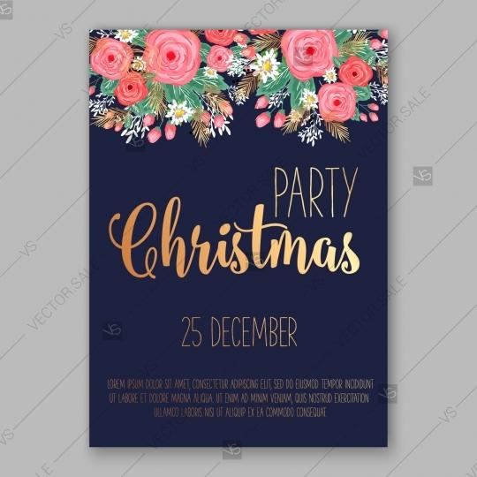 Wedding - Merry Christmas Party Invitation vector template Flyer Poster gold flowers roses and pine branches vector invitation