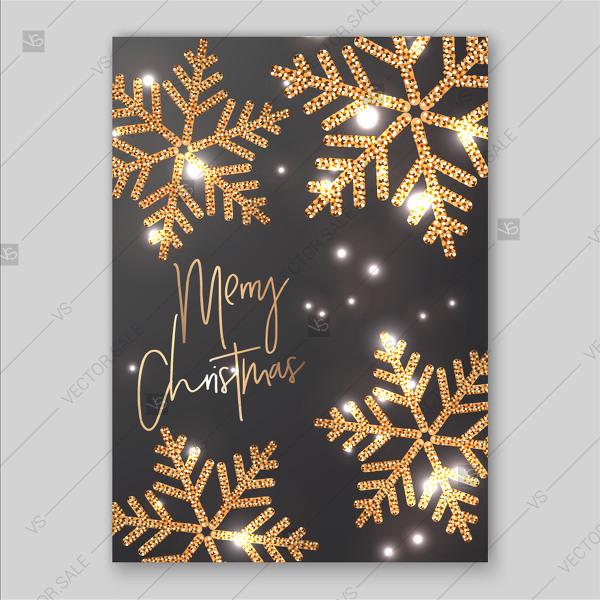 Wedding - Merry Christmas Card invitation with gift box red bow gold balls and snowflake fir branch light garland star