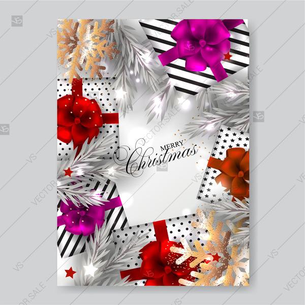 Свадьба - Fir pine branch merry christmas party invitation vector template gift box red bow gold snowlake invitation download