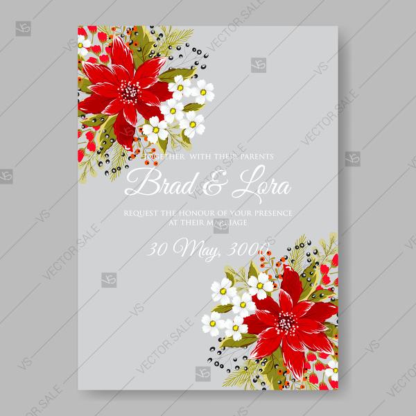 Mariage - Brightly red Christmas of poinsettia flowers vector wedding invitation card vector invitation