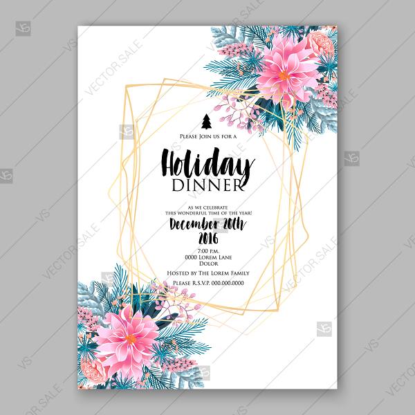 زفاف - Pink soft dahlia flower fir pine needle winter greenery Christmas party invitation vector template