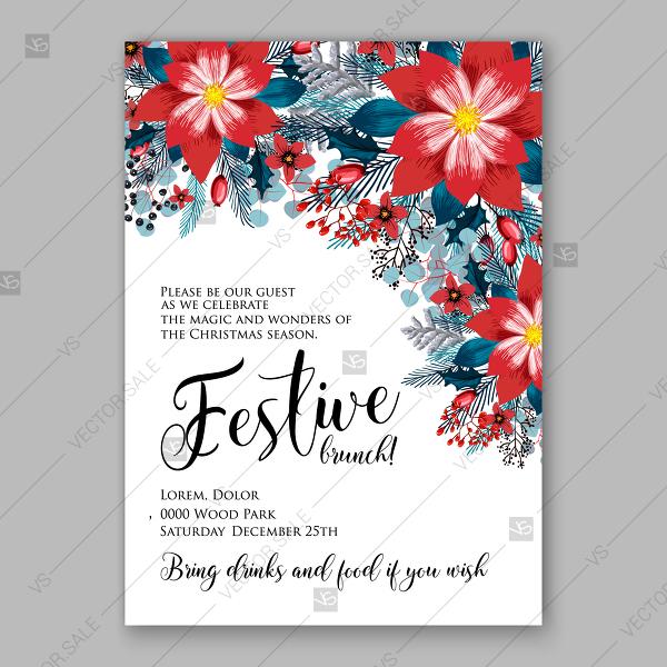 Wedding - Red Poinsettia Christmas Party invitation vector template floral greeting card
