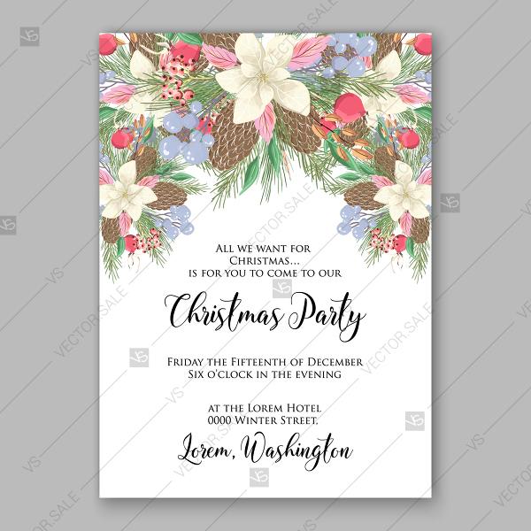 Hochzeit - Winter holiday floral vector invitation background wreath of white poinsettia fir branches pine cone mistletoe whortleberry invitation download