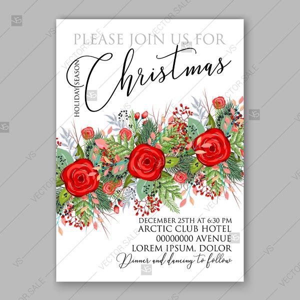 Wedding - Christmas Party Invitation red rose needle fir pine branch winter floral background anniversary invitation
