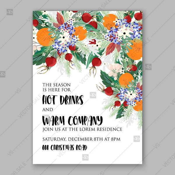 Wedding - Merry Christmas Party Invitation vector winter holiday wreath for fruit mandarin, briar berry, blueberry summer