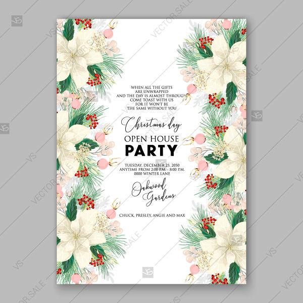 Wedding - Merry Christmas Party Invitation wreath white poinsettia fir red briar berry wording text printable template custom invitation