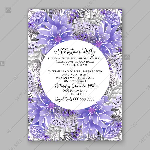 Wedding - Christmas Party invitation vector template blue frosty floral wreath floral illustration