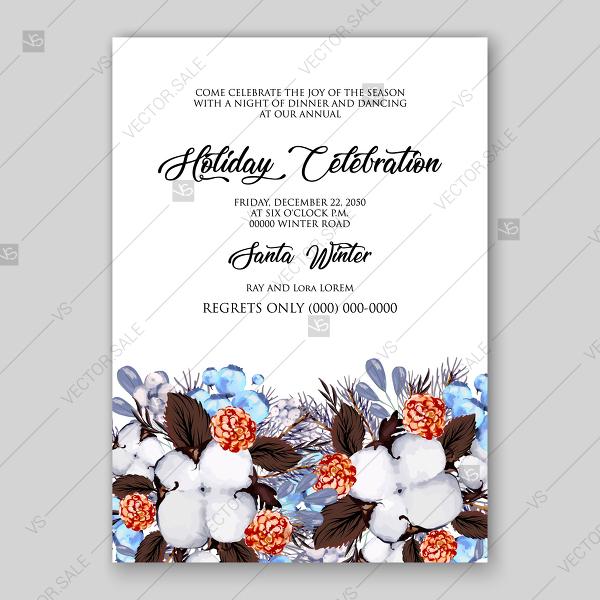 Wedding - Watercolor winter Christmas Party Invitation cotton fir branch pine cone mistletoe decoration bouquet