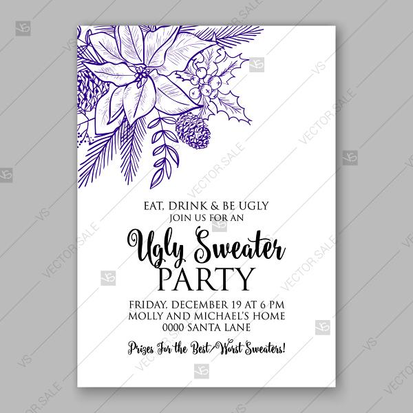 Wedding - Merry Christmas Party Invitation Blue ink pen floral poinsettia fir winter holiday vector floral watercolor