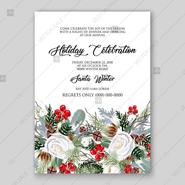 Wedding - Winter floral wreath vector greeting card white rose fir red berry pine cone decoration bouquet