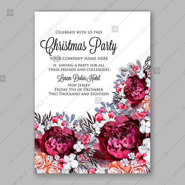 Hochzeit - Merry Christmas Party Invitation Winter floral wreath decoration maroon peony peach rose white cotton winter