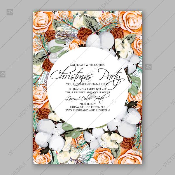 Wedding - Winter watercolor floral wreath illustration Christmas Party Invitation cotton peach rose fir pine cone greeting card