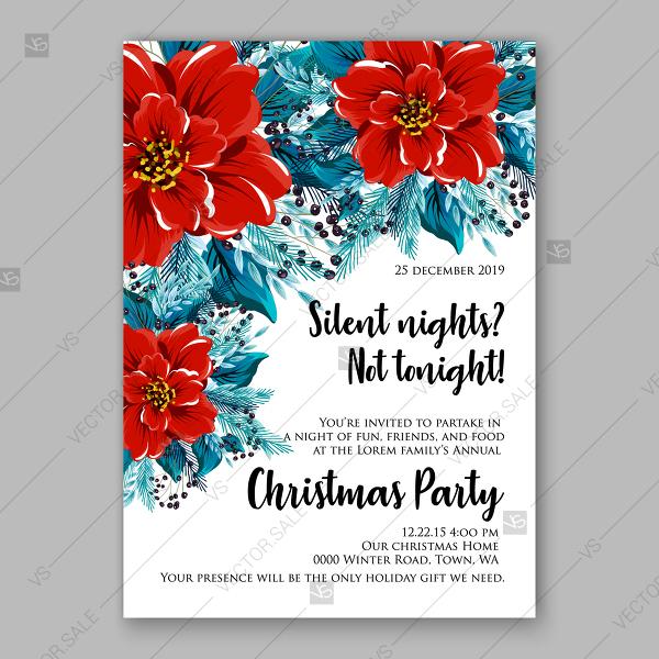 Wedding - Christmas party invitation with holiday wreath of poinsettia, needle, holly summer