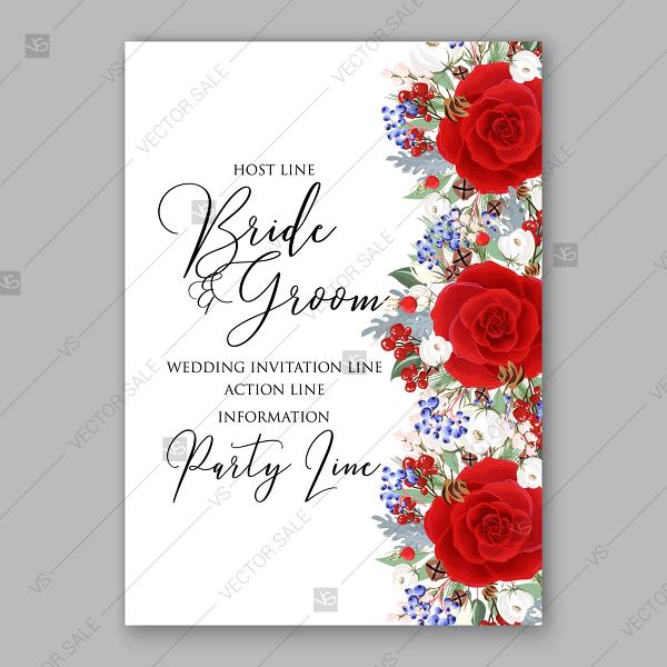 Hochzeit - Red rose wedding invitation fir blueberry miller silver leaves Winter floral wreath baby shower invitation