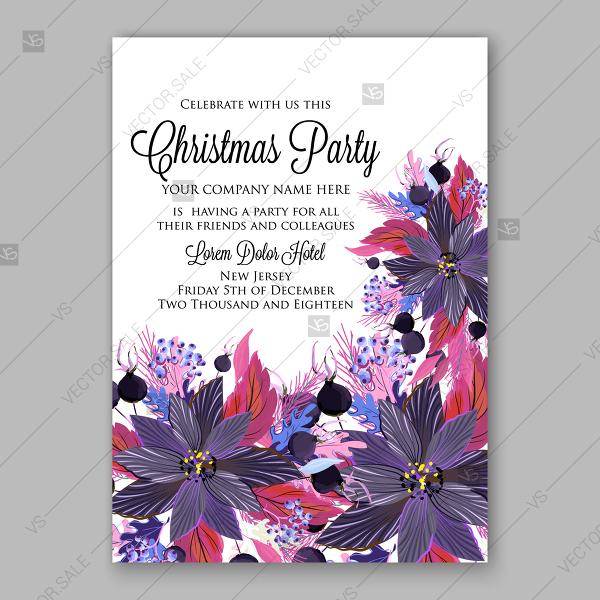 زفاف - Dark violet Poinsettia and berry winter wreath vector Merry Christmas Party Invitation winter