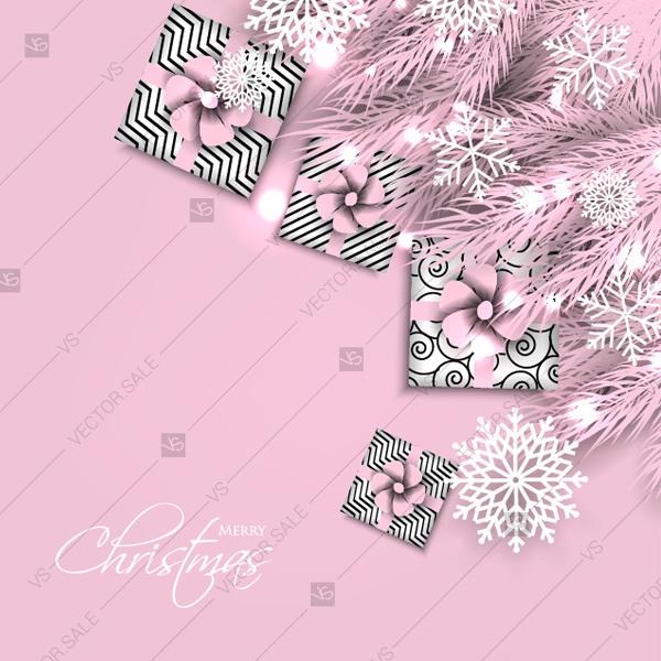 Wedding - Merry Christmas greeting card pink fir tree branch gift box snowflake valentine invitation template