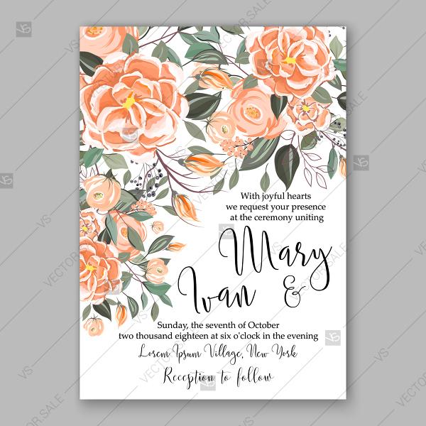 Hochzeit - Peach peony ranunculus wedding invitation vector floral summer