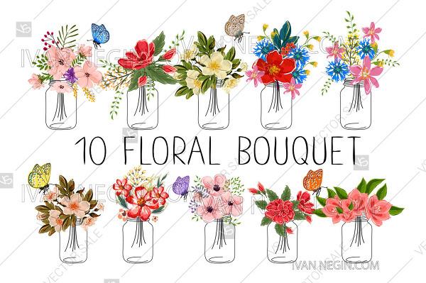 Mariage - 10 bouquet of vector flowers in mason jar №5