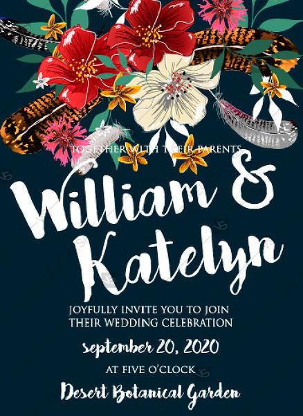 زفاف - Wedding invitation with watercolor hibiscus flowers and feather baby shower invitation