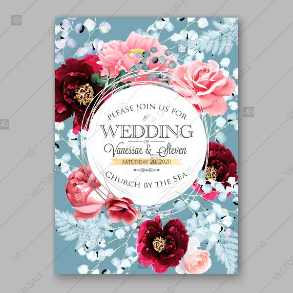Wedding - Pink peony, maroon ranunculus, anemone rose fern, eucalyptus floral wedding invitation vector card template blooming flowers