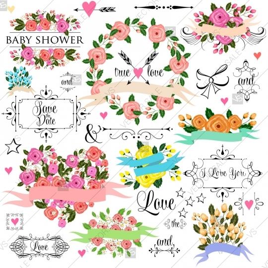 Mariage - Wedding graphic clip art set, wreath, flowers, arrows, hearts, laurel, ribbons and labels