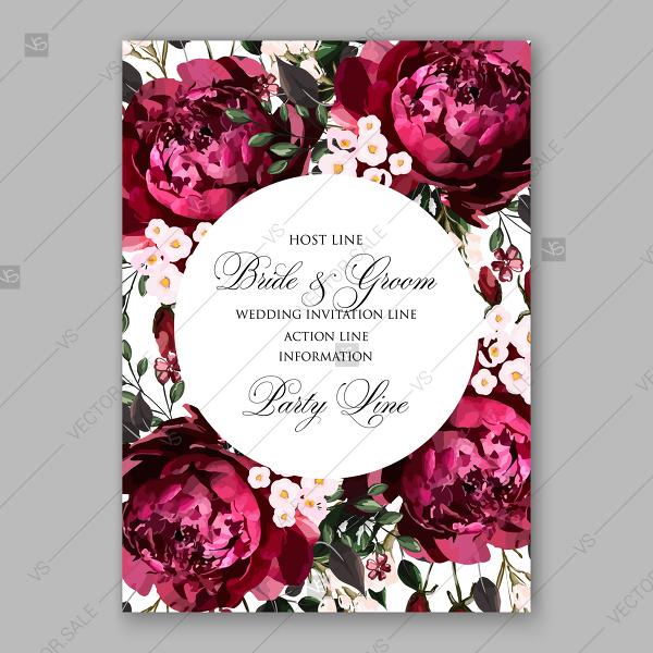 Wedding - Burgundy Dark red Peony wedding invitation watercolor vector template floral illustration