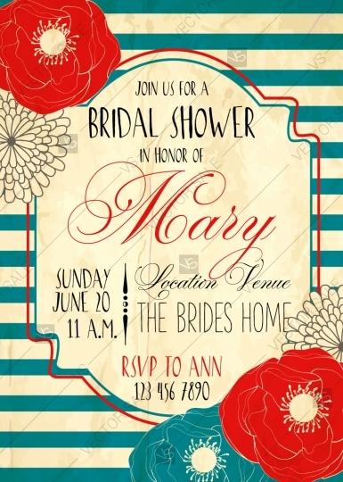 زفاف - Wedding invitation bridal shower with red blue anemone and peony rose striped background