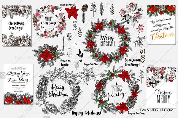 Mariage - Christmas wreath holiday vector clipart floral elements poinsettia fir pine 38 Christmas PNG clipart 4 card party invitation