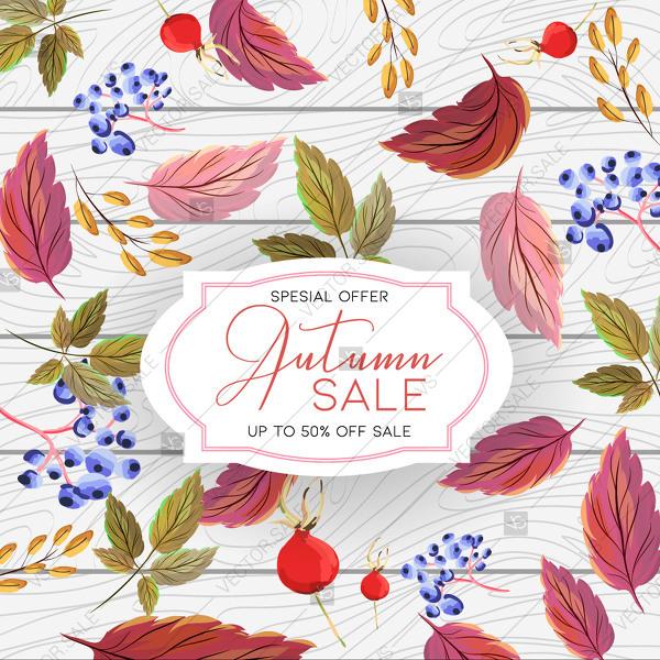 Wedding - Autumn Sale flyer template lettering Bright fall leaves privet berry briar berry poster, card, label, banner design floral pattern