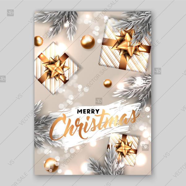 Wedding - Merry Christmas party invitation with gold snowflake and silver fir tree branch and gift box with golden bow balls