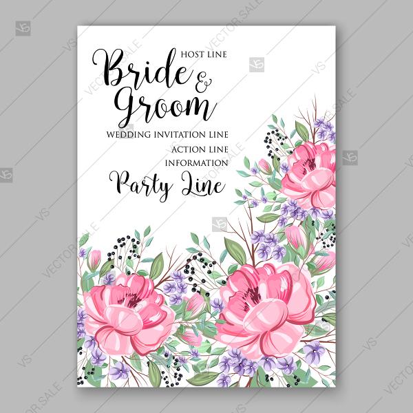 Свадьба - Provence wedding invitation pink peony lavender vector floral background greeting card