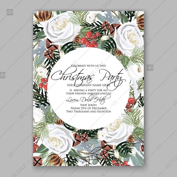 Wedding - Winter floral wreath vector greeting card white rose fir red berry pine cone greeting card