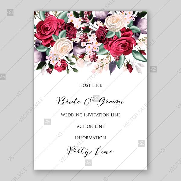 Свадьба - Marsala Burgundy white rose peony greenery wedding invitation vector template