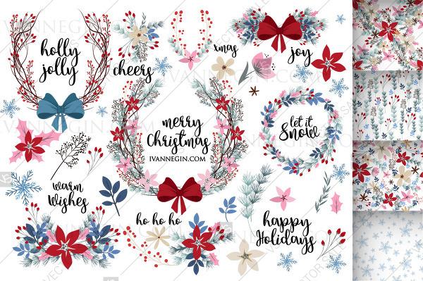 Hochzeit - Merry Christmas Poinsettia fir pine vector  PNG element clipart wreath set 48 png
