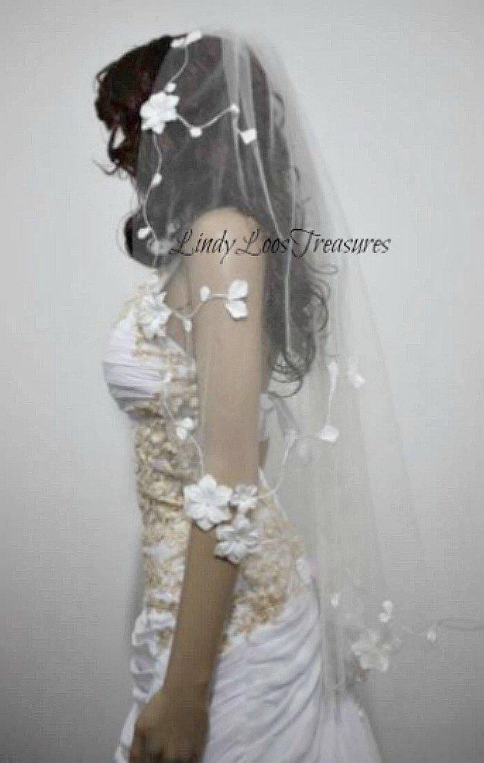 زفاف - 3D Flower White Wedding Veil, Wedding Veil, Bridal Veil, Lace Trim Veil, Fingertip Veil, Veil, Lace Wedding Veil, Wedding Veil