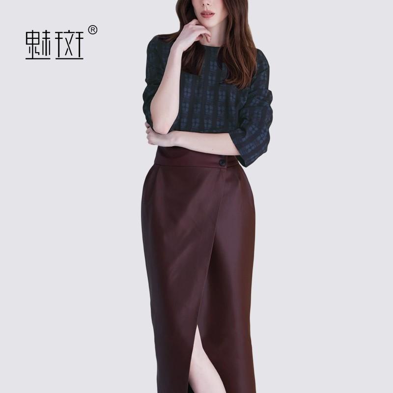 زفاف - Vogue 3/4 Sleeves Leather Skirt Lattice Fall Outfit Twinset Skirt Top - Bonny YZOZO Boutique Store
