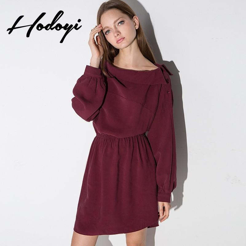 Mariage - Vogue Vintage Ruffle Slimming Polo Collar High Waisted One Color Spring 9/10 Sleeves Dress - Bonny YZOZO Boutique Store
