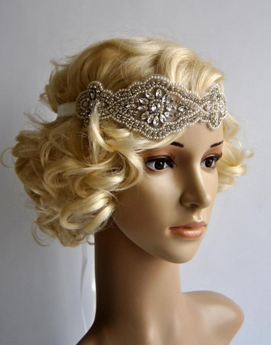 Hochzeit - Crystal Rhinestone & Pearls  flapper Gatsby Headband, Wedding Headband, Wedding Headpiece, Halo Bridal Headpiece, 1920s Flapper headband