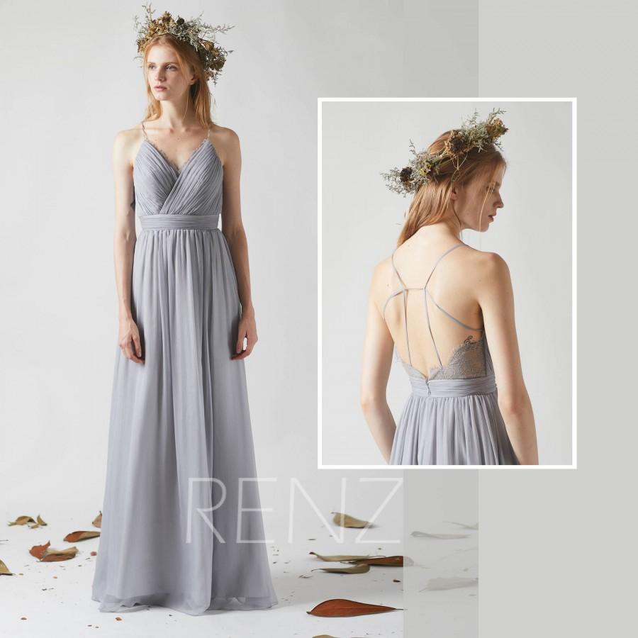 Свадьба - Bridesmaid Dress Medium Gray Chiffon Dress Wedding Dress,Spaghetti Strap Maxi Dress,V Neck Party Dress,Backless Lace Evening Dress(L299)