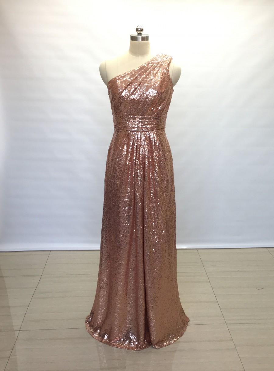 Hochzeit - A-line One-shoulder Rose Gold Sequin Long Bridesmaid Dress