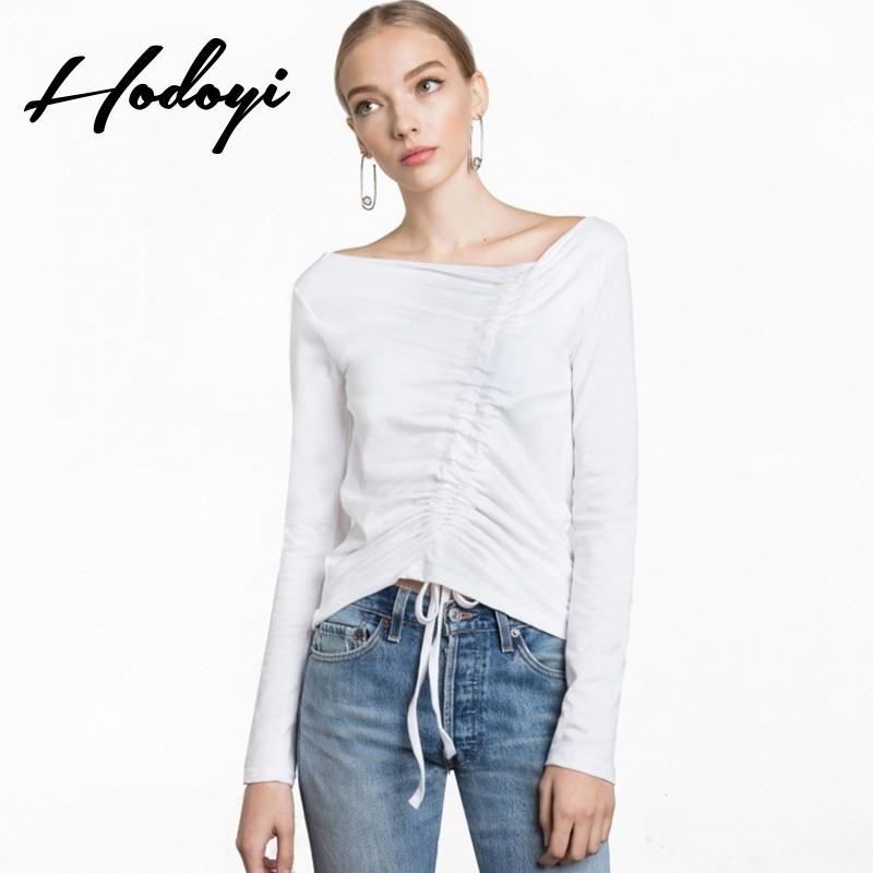 زفاف - Vogue Simple Ruffle Slimming One-Shoulder Long Sleeves White Summer T-shirt - Bonny YZOZO Boutique Store