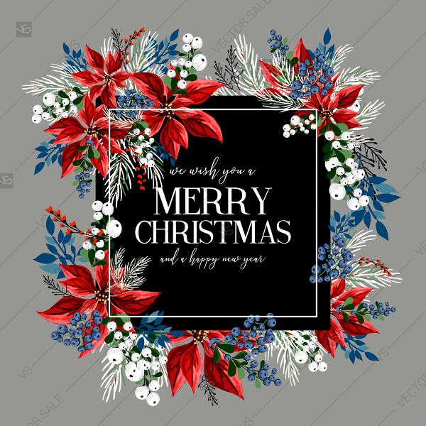 زفاف - Merry Christmas Greeting card Poinsettia Flowers Floral Elements fir red berry white berry bridal shower invitation