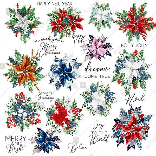 Wedding - Poinsettia Flowers Floral bouquet wording Elements fir red berry white berry vector template