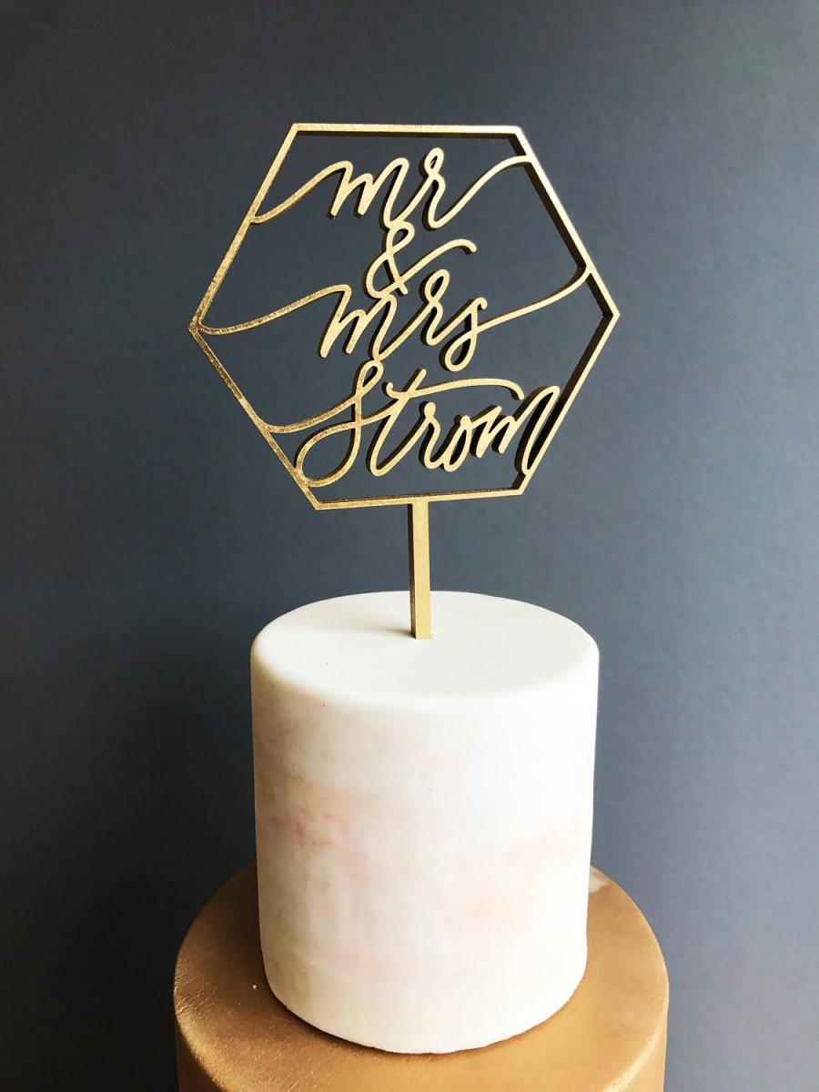 Hochzeit - Custom Mr & Mrs Geometric Laser Cut Gold Modern Wedding Cake Topper - hand drawn and made of wood