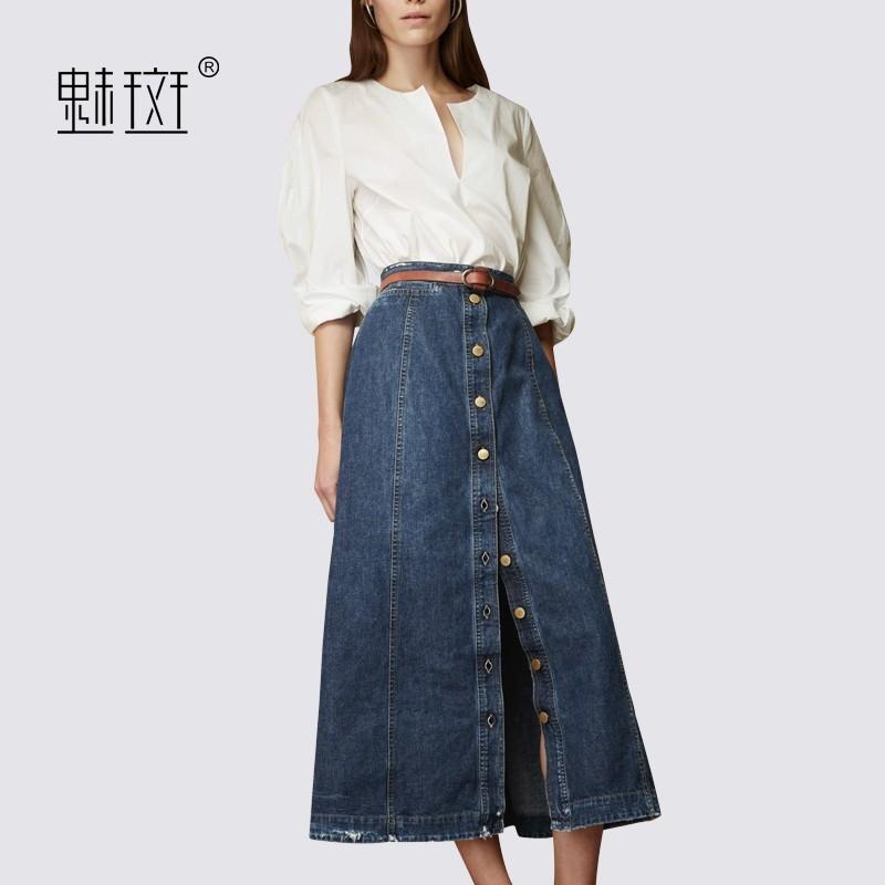 زفاف - Vogue V-neck Long Sleeves Cowboy Summer Outfit Twinset Skirt Top - Bonny YZOZO Boutique Store