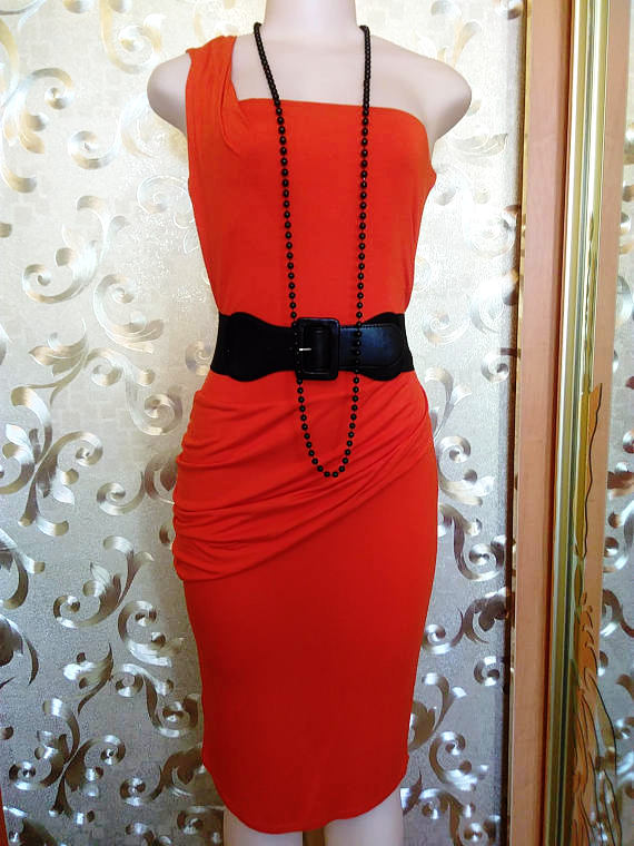 Свадьба - Orange Women's chic dress Size S Mini length One shoulder strap Drapery Open back Vintage Dressing gown Viscose Evening dress Slim jersey