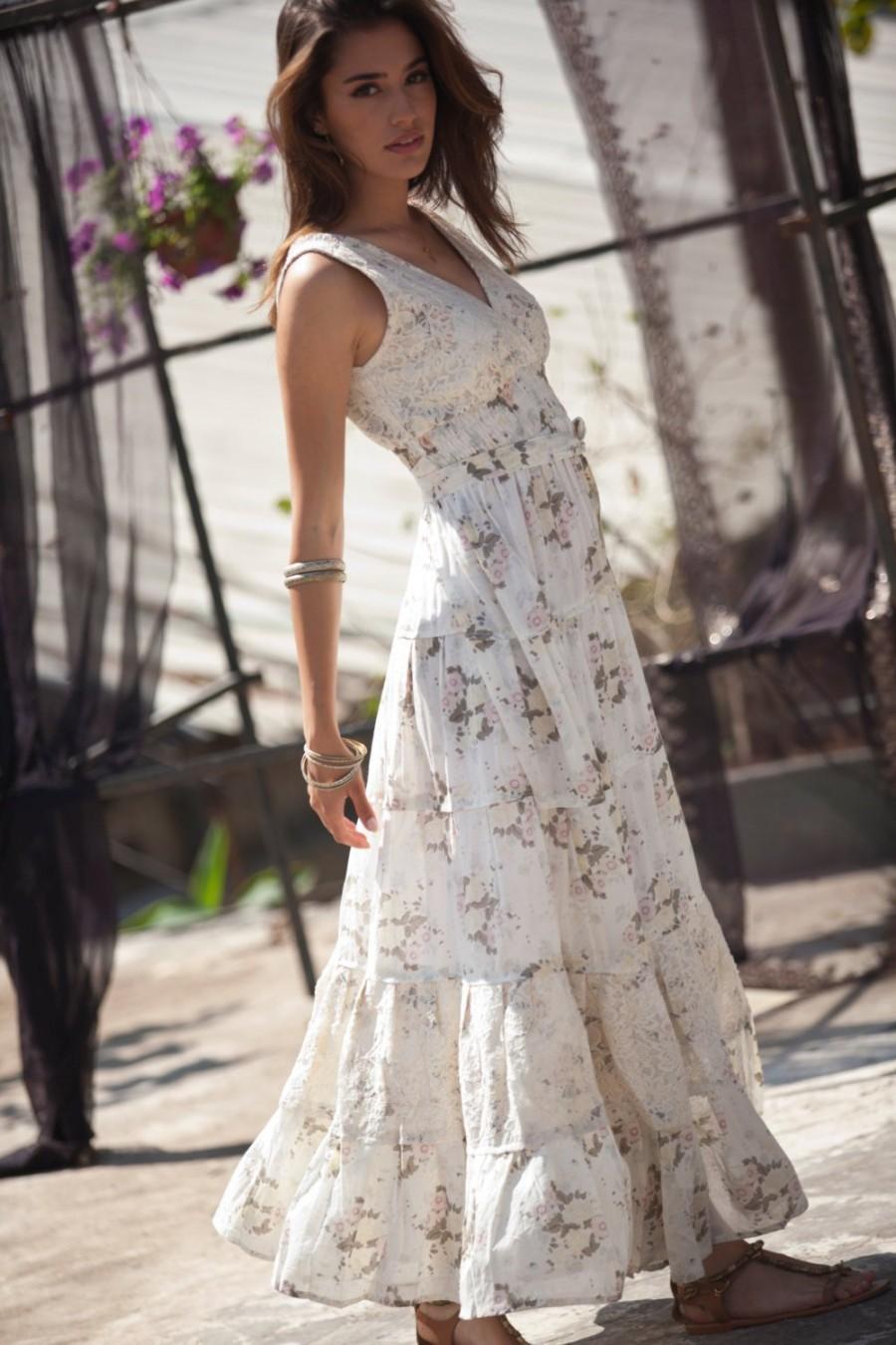 زفاف - Cream Maxi Dress, Hippie Urban Evening & Day Summer Dress, Boho Unique Long Carrie Dress, Romantic Flower Cotton Maxi Dress, size S - XL
